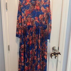 HUNTER BELL Vibrant Blue and Red Floral Long Sleeve Dress